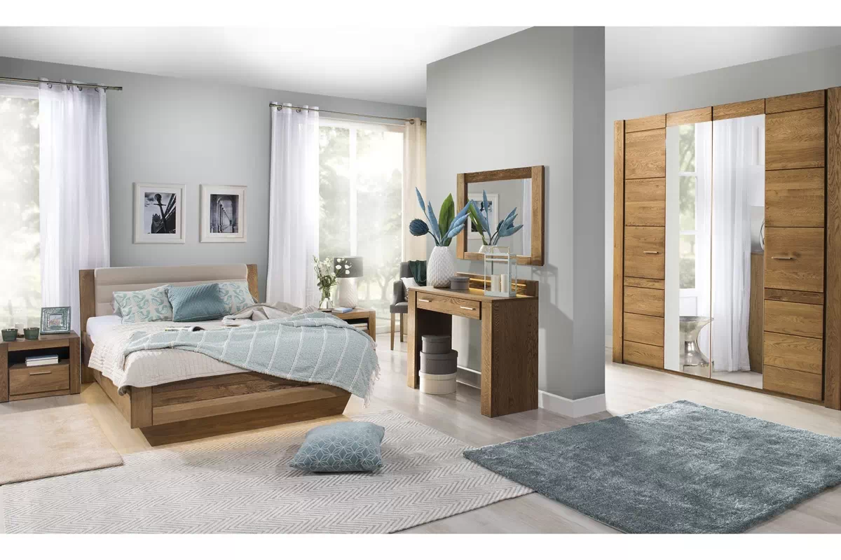 Drewniane łóżko Velvet 76 z tapicerowanym wezgłowiem 160 x200 - dąb rustical / nordic 108 latte Drewniane łóżko Velvet 76 z tapicerowanym wezgłowiem 160 x200 - dąb rustical / nordic 108 latte 
