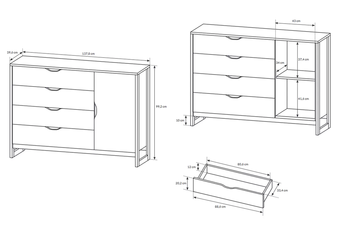 Komoda Moduzo z 4 szufladami 138 cm - dąb sand grange/matera Jednodrzwiowa komoda Moduzo z 4 szufladami 138 cm  - dąb sand grange/matera