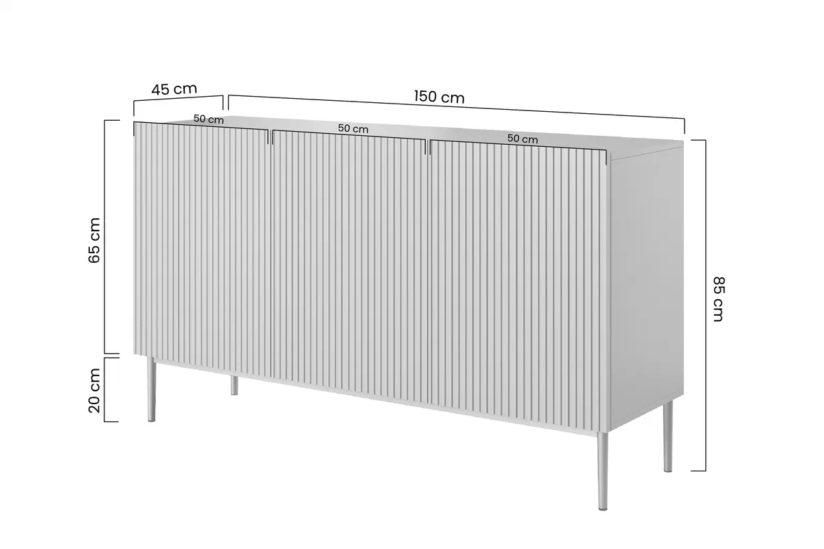 Komoda Nicole 150 cm trzydrzwiowa z ryflowanym frontem - biały mat / czarne nóżki Komoda Nicole 150 cm trzydrzwiowa z ryflowanym frontem - biały mat / czarne nóżki