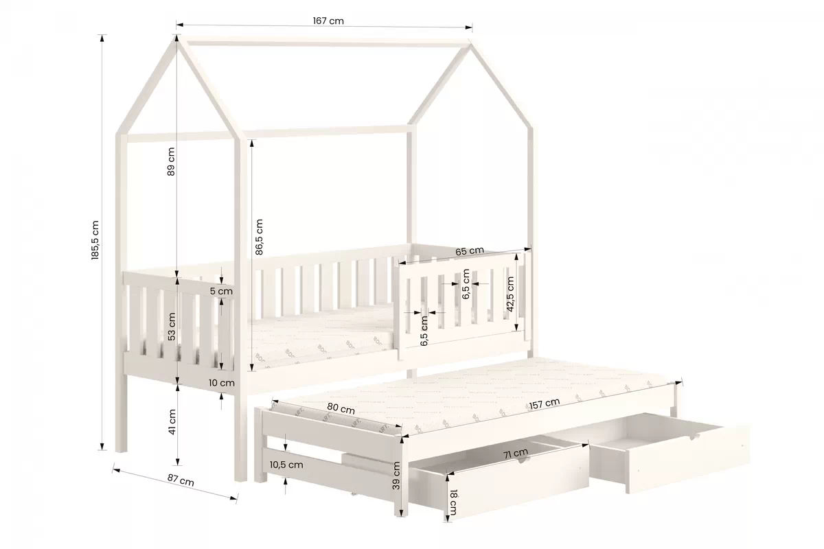 Łóżko dziecięce domek parterowe wysuwane Nemos - biały, 80x160 Łóżko dziecięce parterowe wyjazdowe Nemos - wymiary