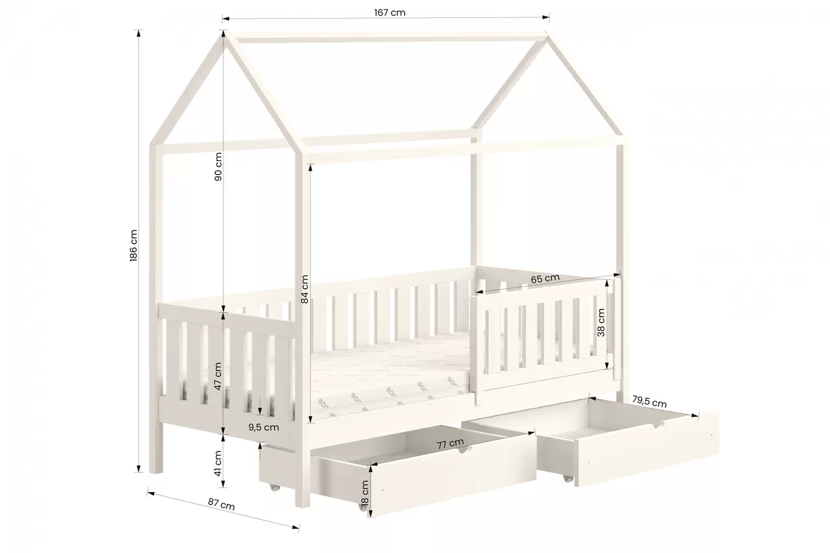 Łóżko dziecięce domek parterowe z szufladami Nemos II - sosna, 80x160 Łóżko dziecięce parterowe z szufladami Nemos II - wymiary