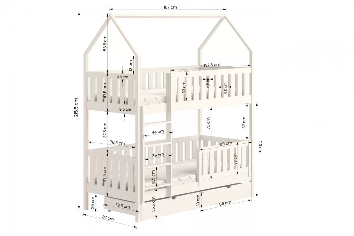Łóżko dziecięce domek piętrowe Nemos - biały, 80x180 Łóżko dziecięce piętrowe Nemos - wymiary