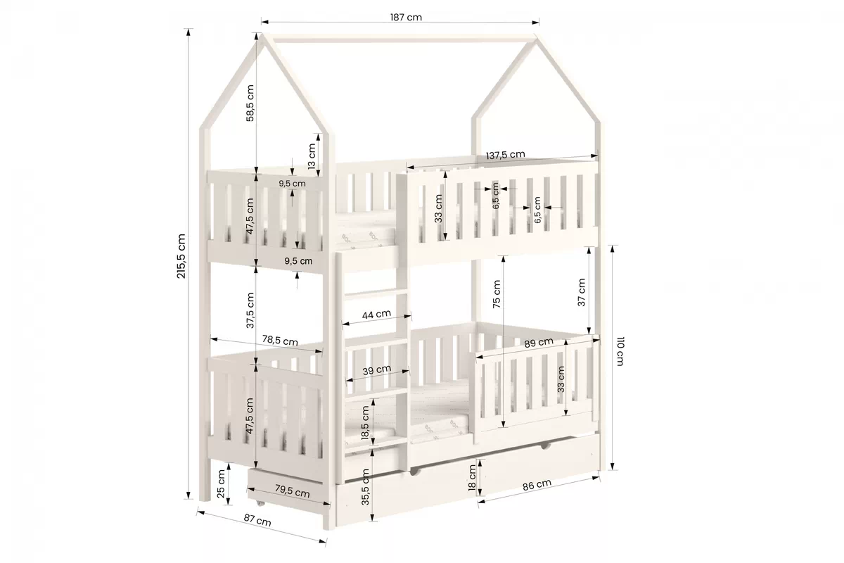 Łóżko dziecięce domek piętrowe Nemos - sosna, 80x180 Łóżko dziecięce piętrowe Nemos - wymiary