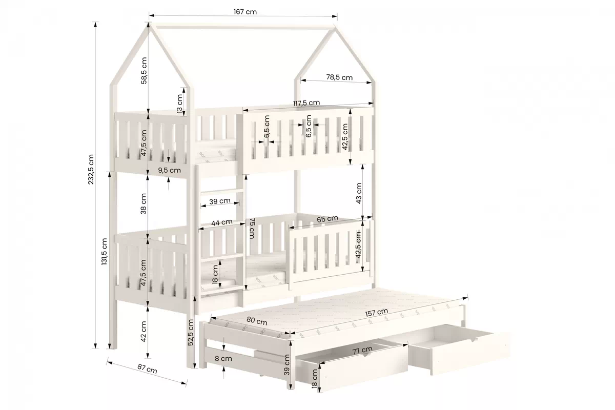 Łóżko dziecięce domek piętrowe wysuwane Nemos - biały, 80x160 Łóżko dziecięce piętrowe wyjazdowe Nemos - wymiary