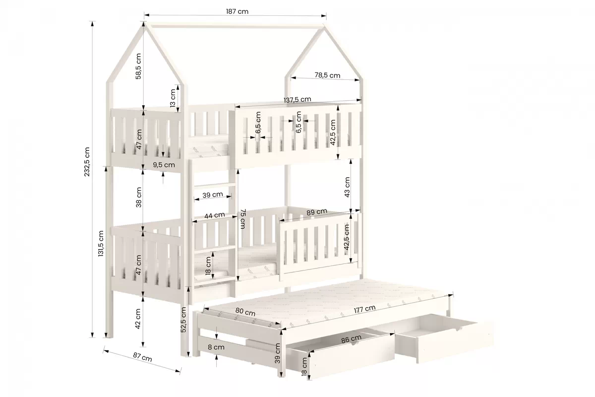 Łóżko dziecięce domek piętrowe wysuwane Nemos - biały, 80x180 Łóżko dziecięce piętrowe wyjazdowe Nemos - wymiary