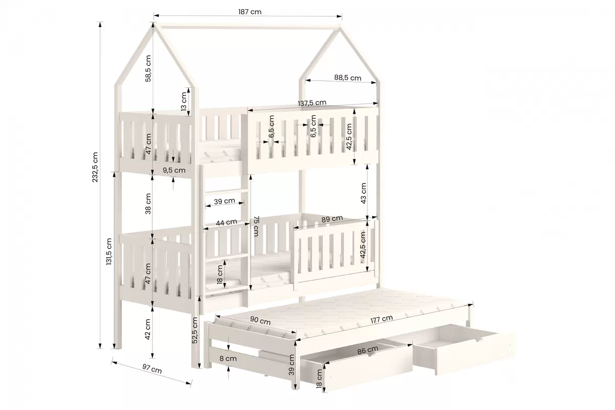 Łóżko dziecięce domek piętrowe wysuwane Nemos - biały, 90x180 Łóżko dziecięce piętrowe wyjazdowe Nemos - wymiary