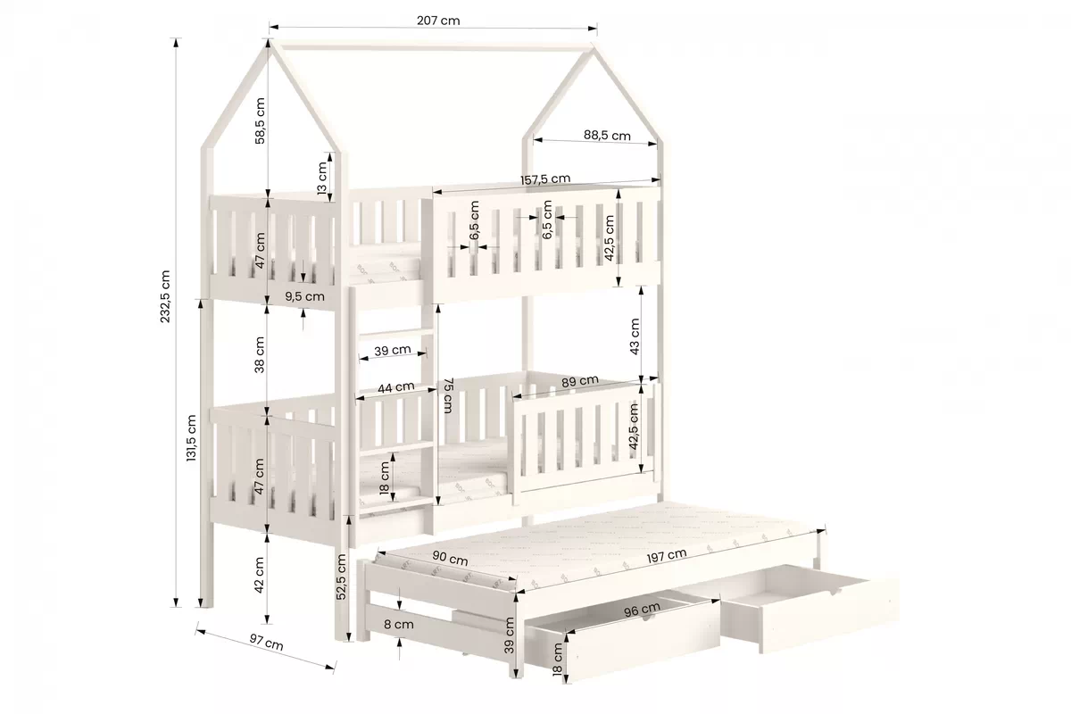 Łóżko dziecięce domek piętrowe wysuwane Nemos - czarny, 90x200 Łóżko dziecięce piętrowe wyjazdowe Nemos - wymiary