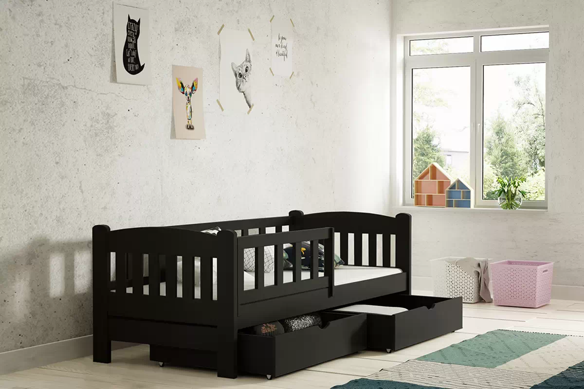 Łóżko dziecięce drewniane Alvins z szufladami - 80x200 / czarny  Łóżko dziecięce drewniane Alvins z szufladami - 80x200 / czarny 