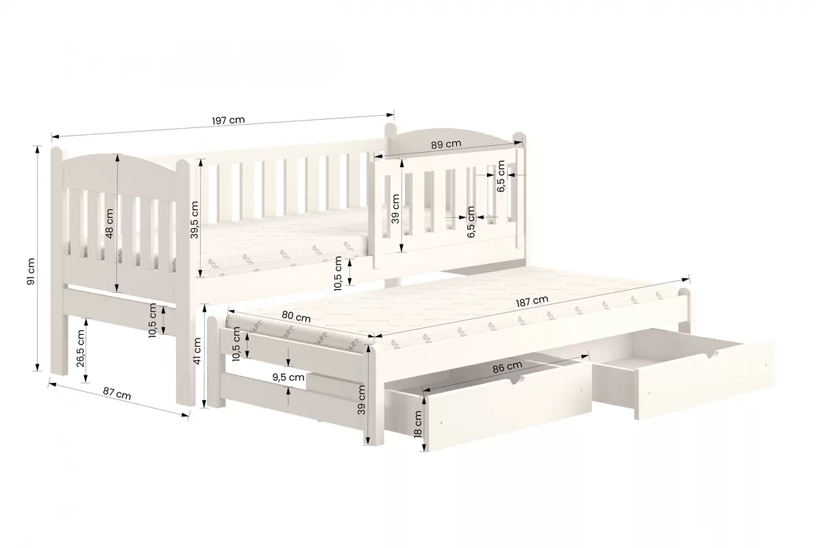 Łóżko dziecięce parterowe wysuwane Alvins z szufladami - biały, 80x190 Łóżko dziecięce parterowe wyjazdowe Alvins - Kolor Biały - wymiary