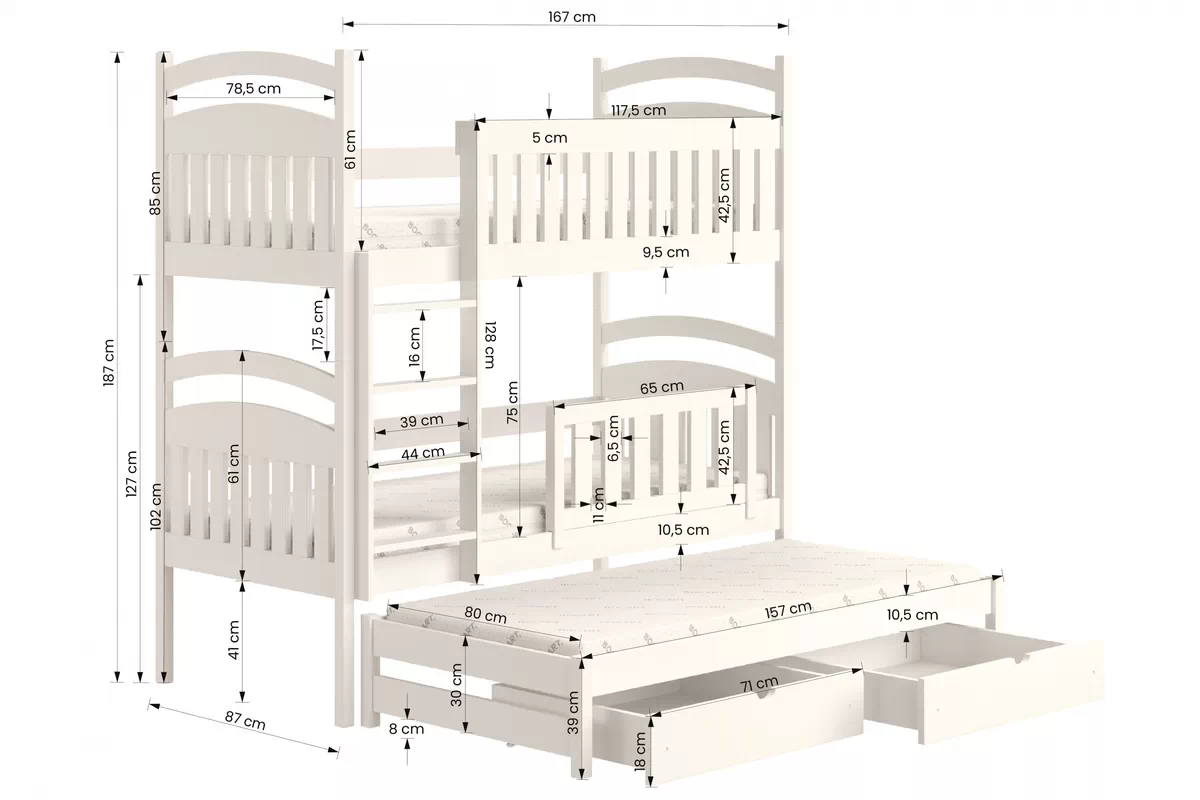Łóżko dziecięce piętrowe wysuwane 3 os. Amely - sosna, 80x160 Łóżko piętrowe wysuwane 3 os. Amely - wymiary