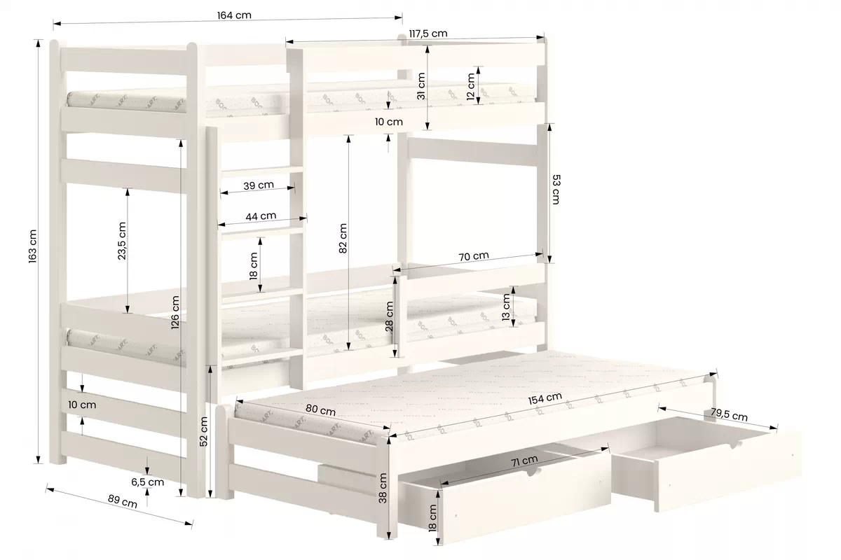 Łóżko dziecięce piętrowe wysuwane Alis - 80x160 / biały Łóżko piętrowe wysuwane Alis - wymiary