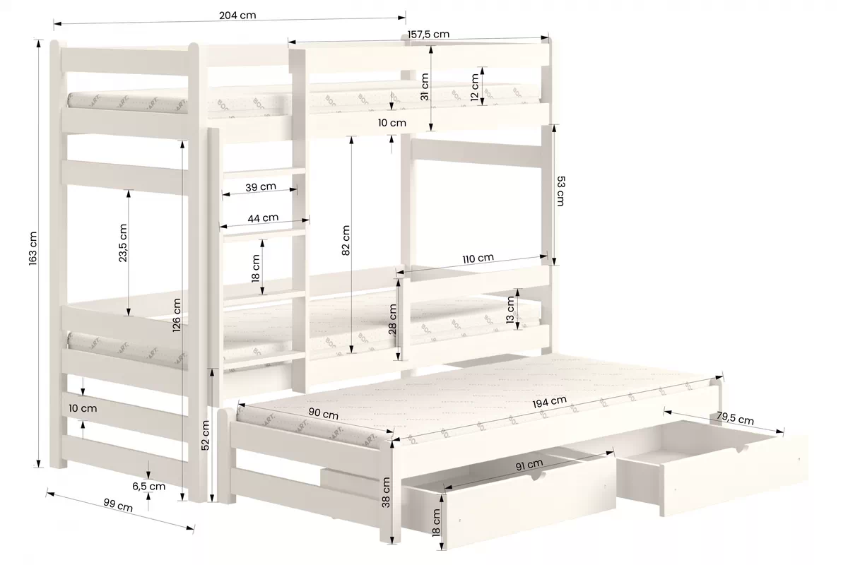 Łóżko dziecięce piętrowe wysuwane Alis - 90x200 / biały Łóżko piętrowe wysuwane Alis - wymiary