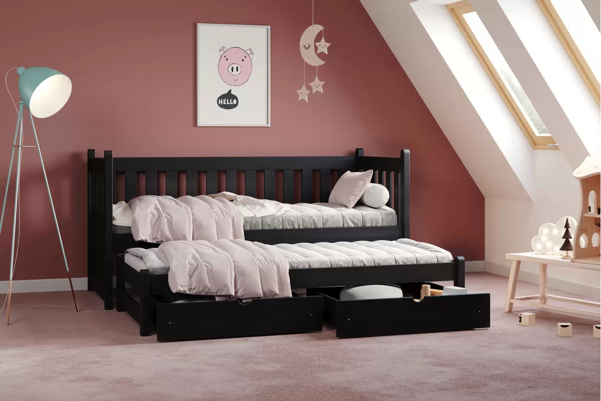 Łóżko parterowe wysuwane Swen z szufladami - czarny, 80x200 Łóżko parterowe wysuwane Swen - kolor Czarny - aranżacja