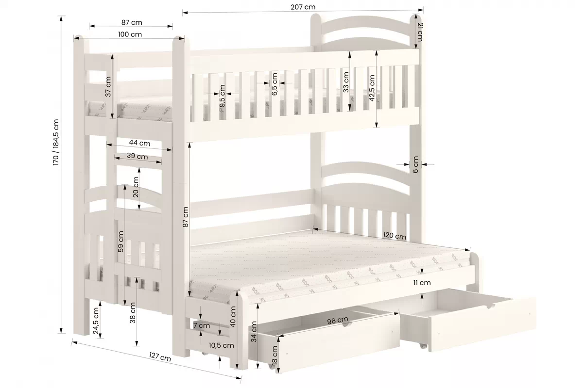 Łóżko piętrowe Amely Maxi lewostronne - biały, 90x200/120x200 Łóżko piętrowe Amely Maxi lewostronne - wymiary