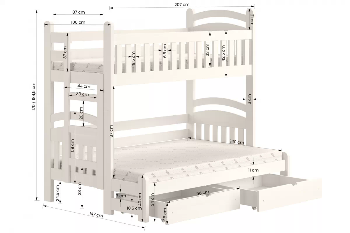 Łóżko piętrowe Amely Maxi lewostronne - biały, 90x200/140x200 Łóżko piętrowe Amely Maxi lewostronne - wymiary