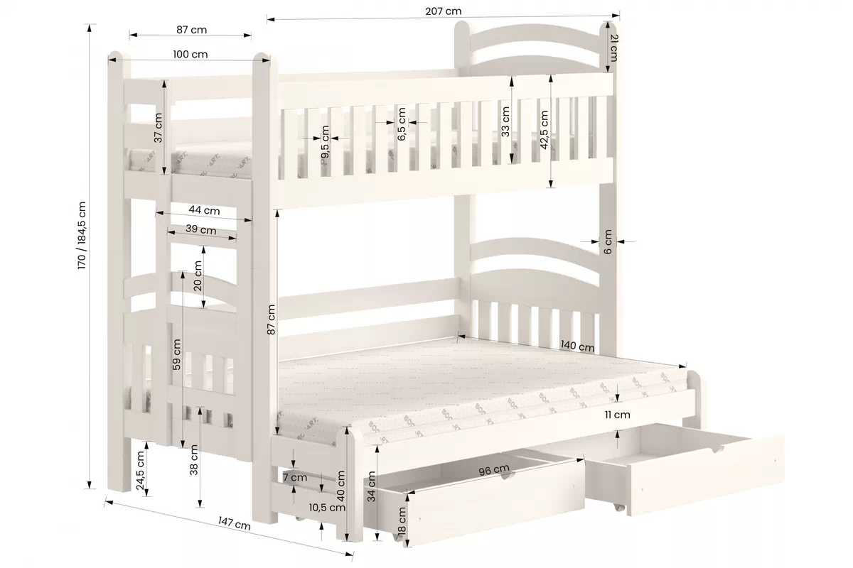 Łóżko piętrowe Amely Maxi lewostronne - szary, 90x200/140x200 Łóżko piętrowe Amely Maxi lewostronne - wymiary