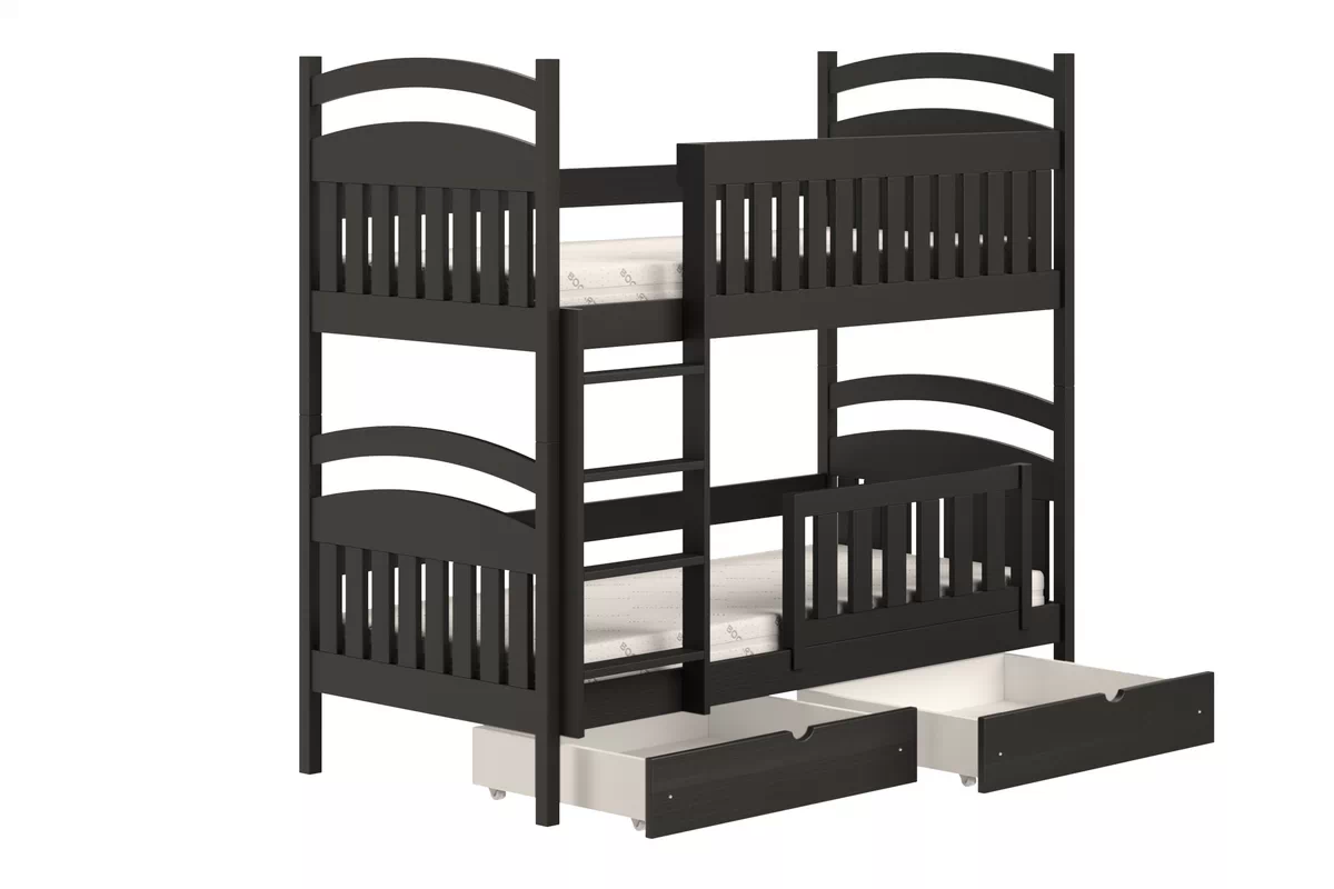 Łóżko piętrowe drewniane Amely z szufladami - 70x140 / czarny  Łóżko piętrowe drewniane Amely z szufladami - 70x140 / czarny 