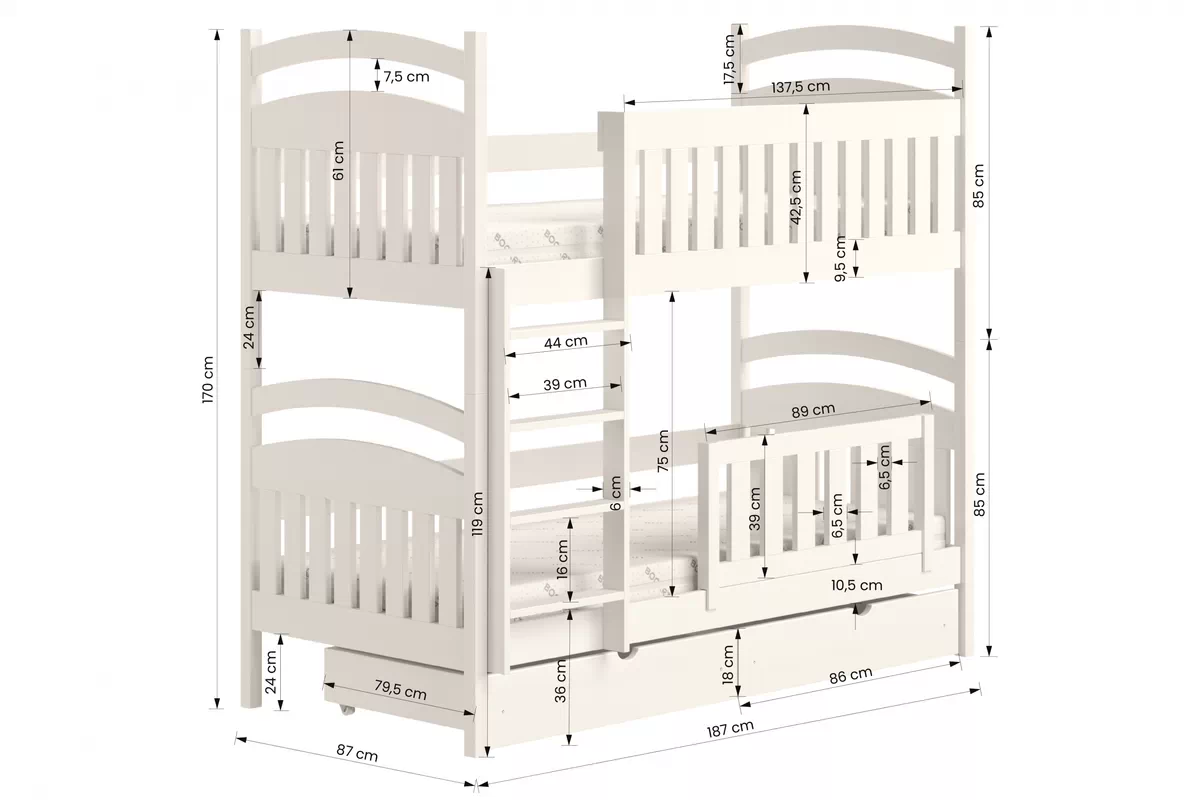 Łóżko piętrowe drewniane Amely z szufladami - 80x180 / biały  Łóżko piętrowe drewniane Amely - wymiary