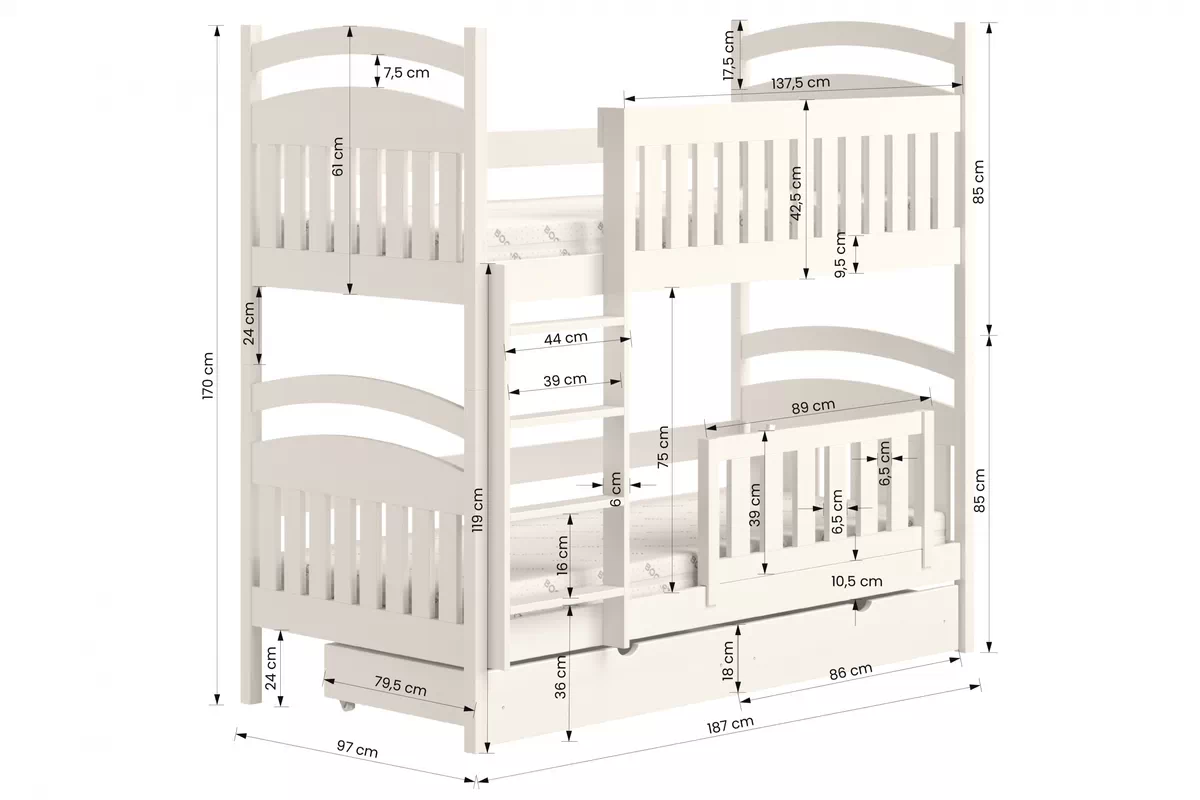 Łóżko piętrowe drewniane Amely z szufladami - 90x180 / biały Łóżko piętrowe drewniane Amely - wymiary