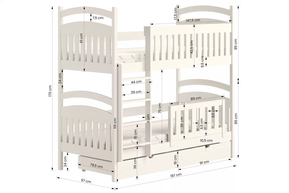 Łóżko piętrowe drewniane Amely z szufladami - 90x190 / biały  Łóżko piętrowe drewniane Amely - wymiary