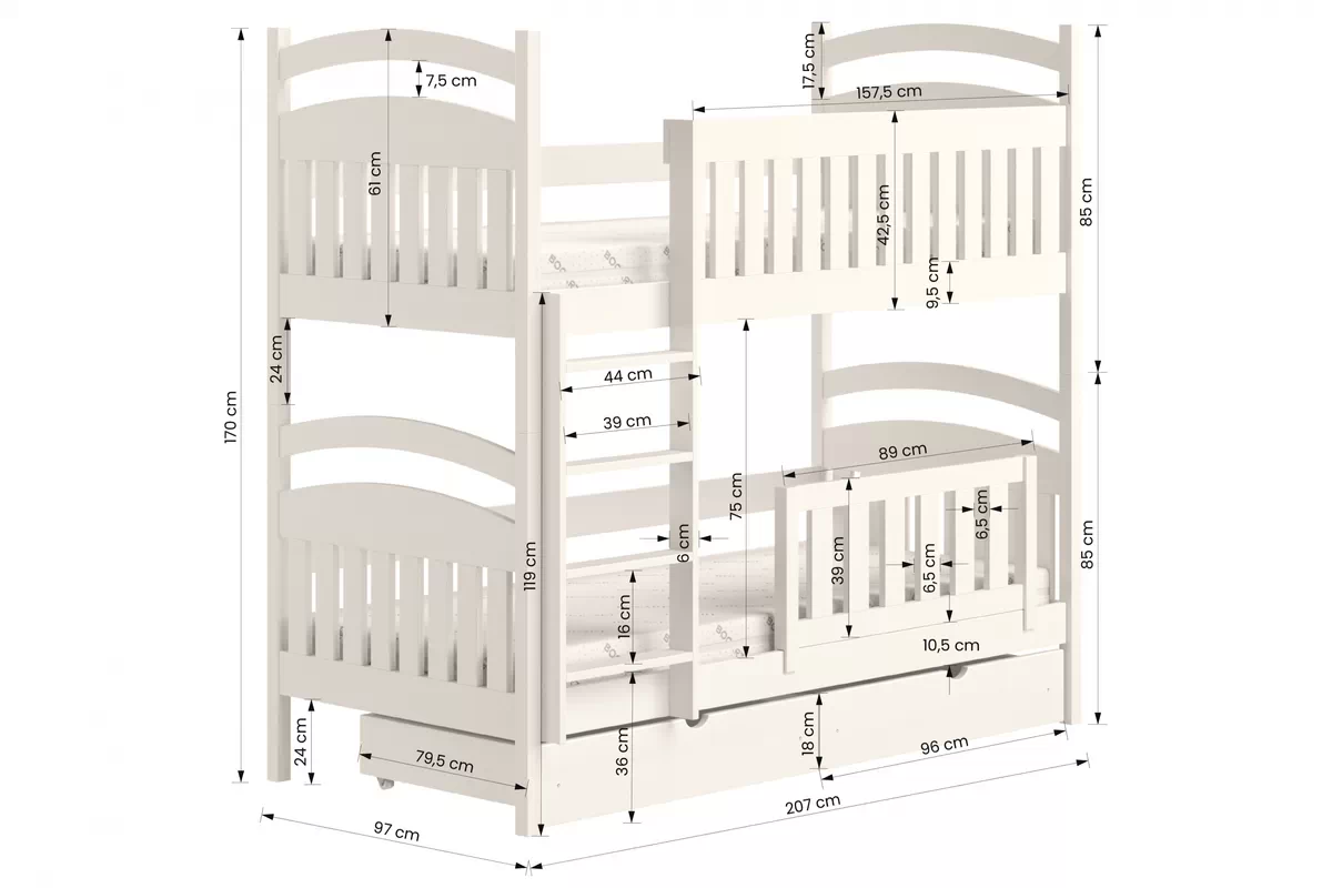 Łóżko piętrowe drewniane Amely z szufladami - 90x200 / biały Łóżko piętrowe drewniane Amely - wymiary
