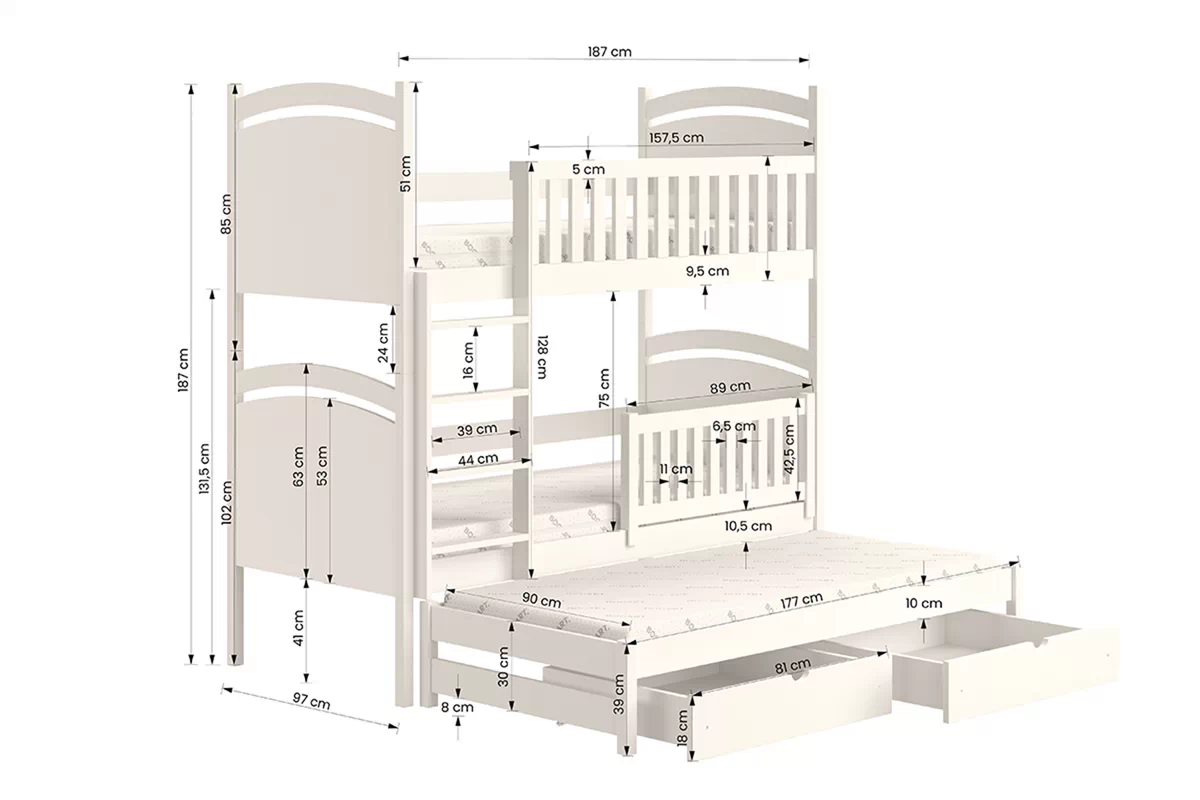 Łóżko piętrowe wysuwane z tablicą suchościeralną Amely - 90x180 / biały Łóżko piętrowe wysuwane z tablicą suchościeralną Amely - 90x180 / biały