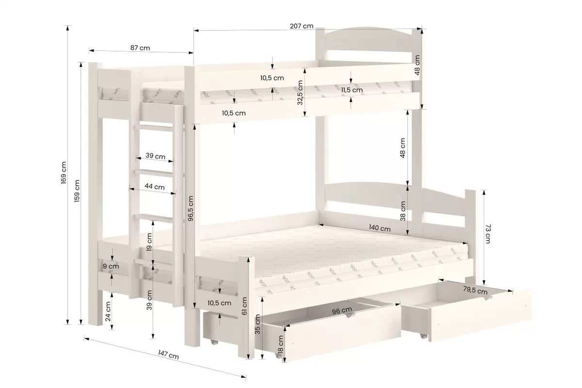 Łóżko piętrowe z szufladami Lovic lewostronne - biały, 80x200/140x200 Łóżko piętrowe z szufladami Lovic - biały - wymiar 80x200/140x200