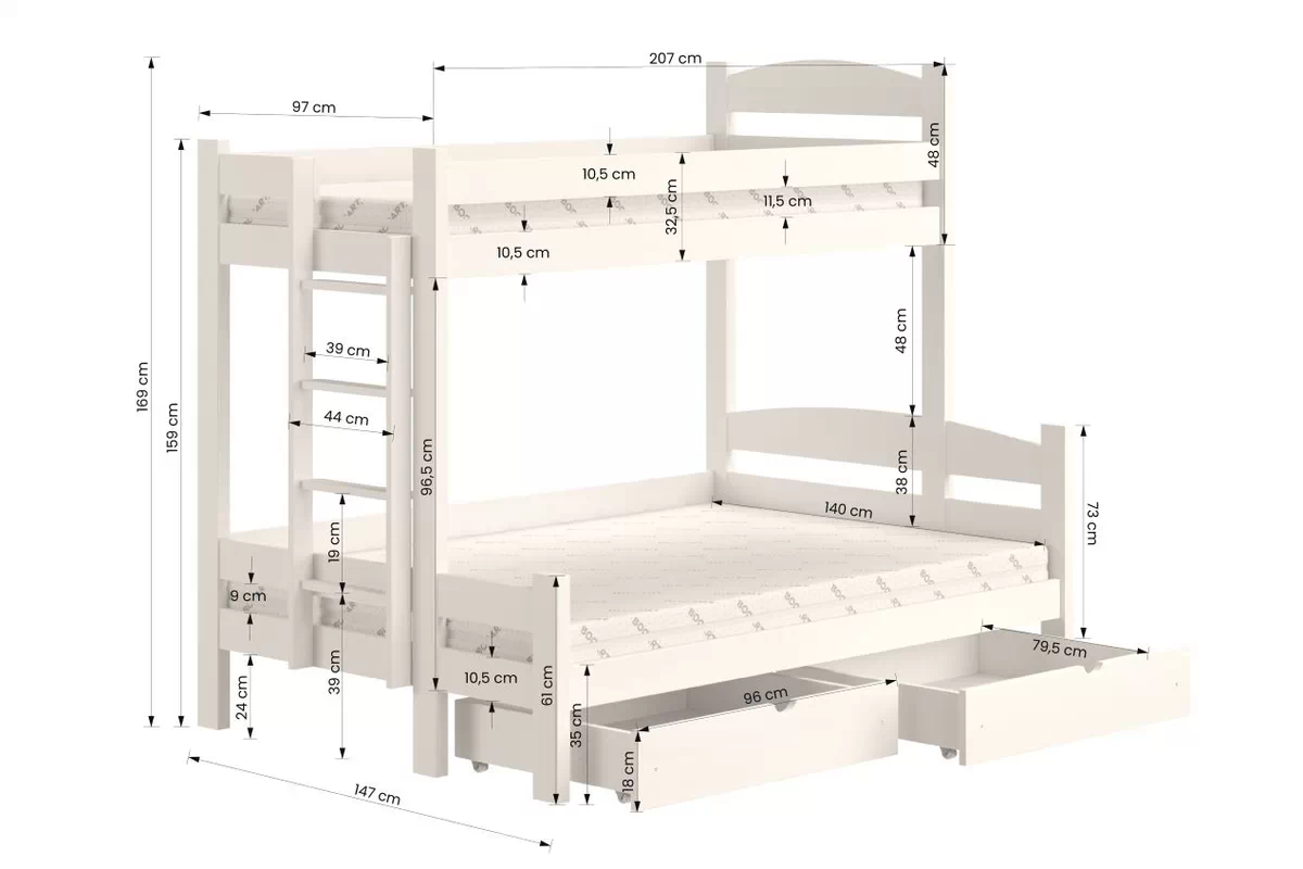 Łóżko piętrowe z szufladami Lovic lewostronne - biały, 90x200/140x200 Łóżko piętrowe z szufladami Lovic - biały - wymiar 90x200/140x200