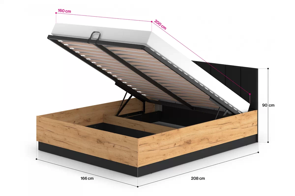 Łóżko z pojemnikiem Clawi 1401 - 160x200 - dąb craft złoty / czarny Łóżko z pojemnikiem Clawi 1401 - 160x200 - dąb craft złoty / czarny