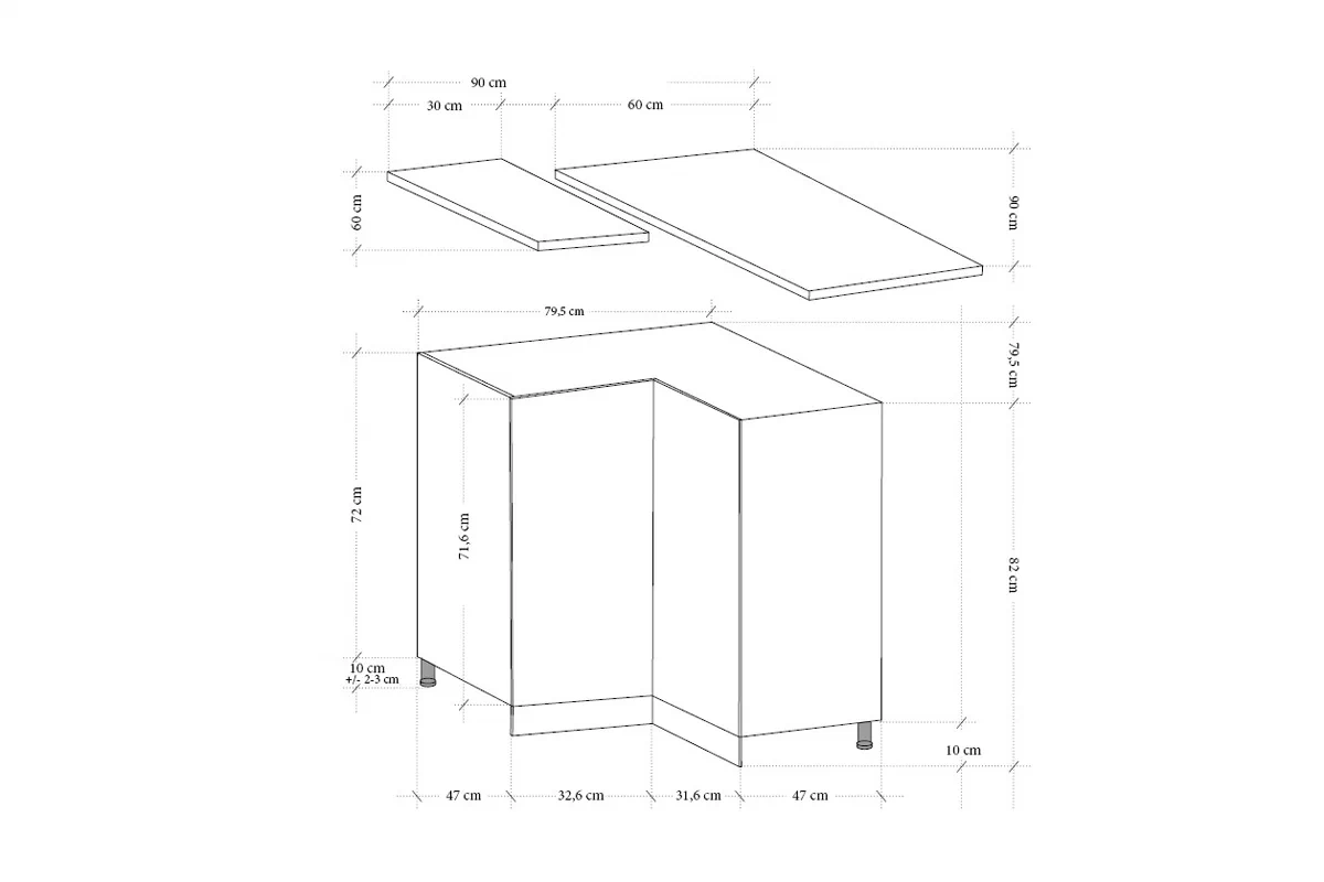 Szafka kuchenna narożna Linea D90N - szary grey Szafka kuchenna narożna Linea D90N - wymiary