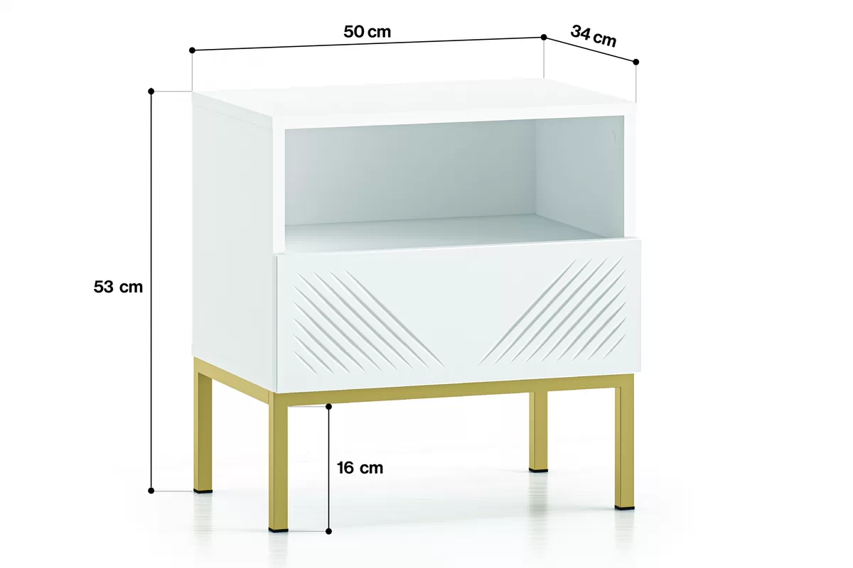 Szafka nocna Pingli 05 z szufladą 50 cm - biały mat / złoty stelaż Szafka nocna Pingli 05 z szufladą 50 cm - biały mat / złoty stelaż