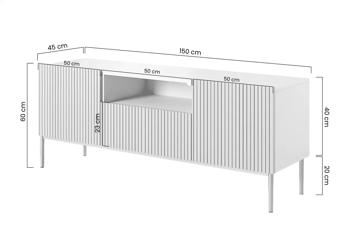 Szafka RTV Nicole 150 cm z szufladą i wnęką - biały mat / złote nóżki Szafka RTV Nicole 150 cm z szufladą i wnęką - biały mat / złote nóżki