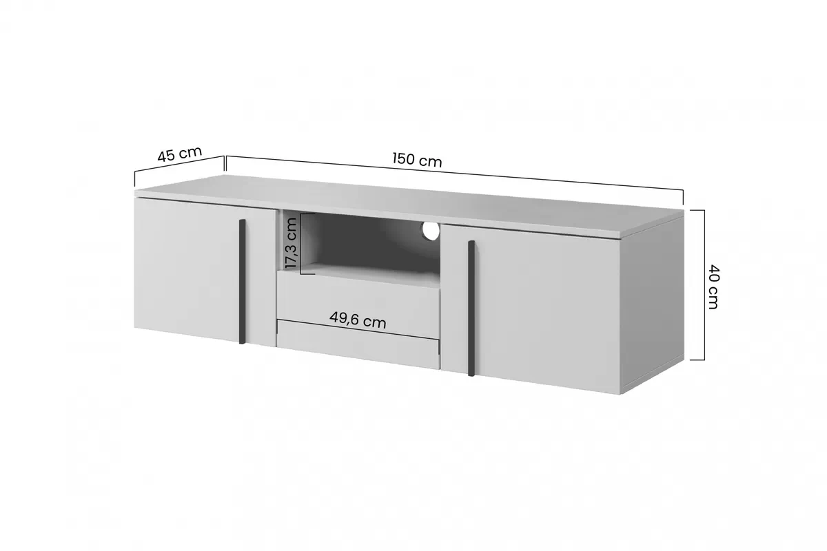 Szafka RTV wisząca Larena 150 cm z wnęką i szufladą - czarny beton / czarne uchwyty Szafka RTV wisząca Larena 150 cm z wnęką i szufladą - czarny beton / czarne uchwyty