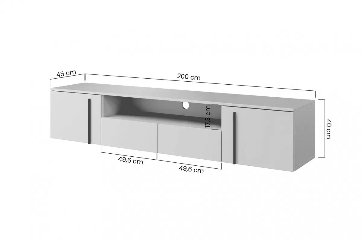 Szafka RTV wisząca Larena 200 cm z szufladami i wnęką - czarny beton / czarne uchwyty Szafka RTV wisząca Larena 200 cm z szufladami i wnęką - czarny beton / czarne uchwyty