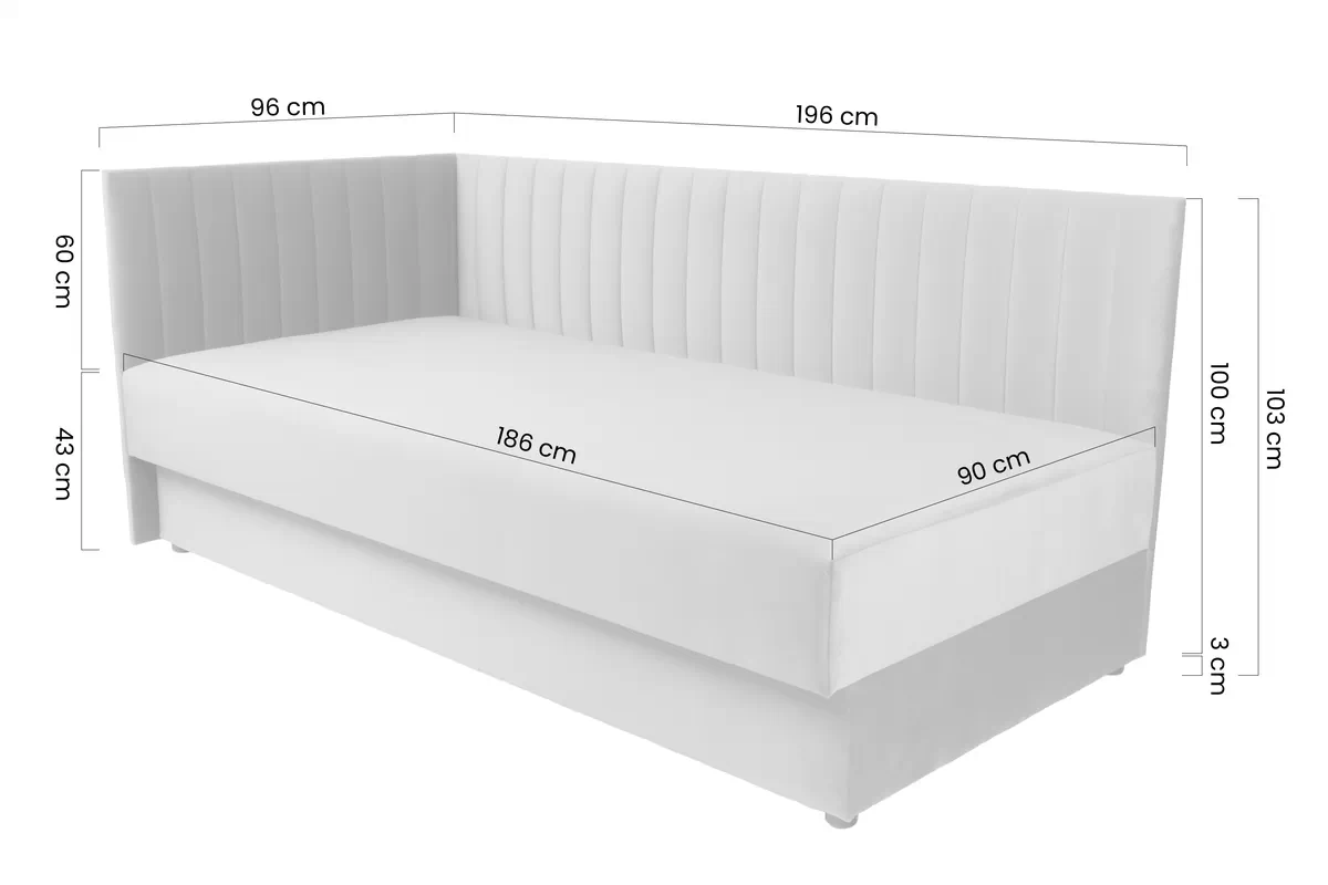 Tapczan/łóżko lewostronne z pojemnikiem Nutri - szary welur Zanzibar 182, 186x90/100 cm Tapczan/łóżko lewostronne z pojemnikiem Nutri - szary welur Zanzibar 182, 186x90/100 cm