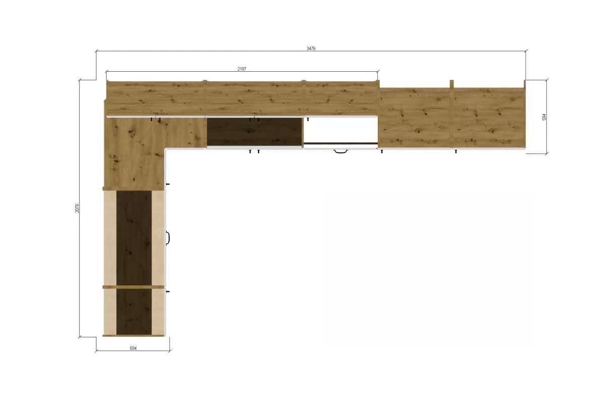 Zestaw mebli kuchennych Estella 350x210cm - dąb artisan / biały mat Zestaw mebli kuchennych Estella 350x210cm - wymiary