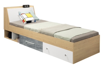 Łóżko młodzieżowe Step ST11 z szufladami i schowkiem 90x200 - dąb biszkoptowy / biały lux / beton