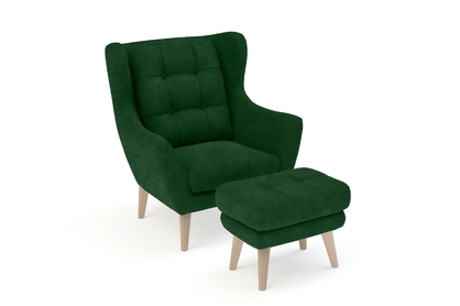 Fotel wypoczynkowy Henry z pufą - zielony welur Piano 26 / nogi buk