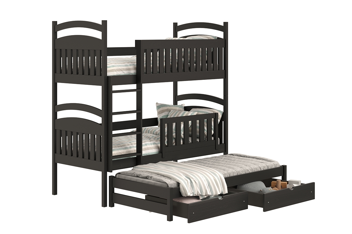 Łóżko dziecięce piętrowe wysuwane 3 os. Amely - czarny, 90x200 czarne łóżeczko z pojemnymi szufladami na zabawki 