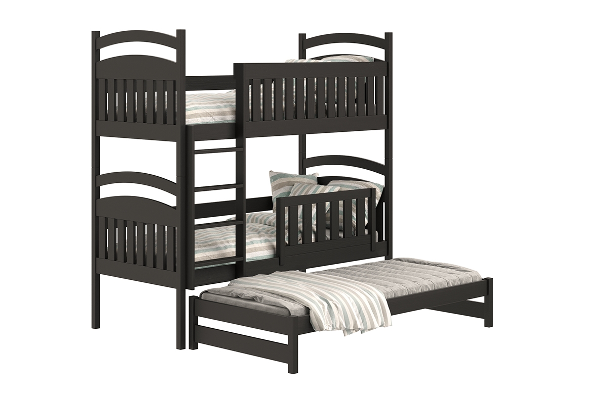Łóżko dziecięce piętrowe wysuwane 3 os. Amely - czarny, 90x200 czarne łóżeczko dziecięce z wyjazdowym, dodoatkowym miejscem do spania 