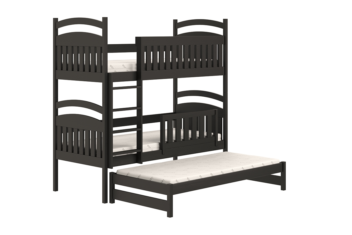 Łóżko dziecięce piętrowe wysuwane 3 os. Amely - czarny, 90x200 czarne łóżeczko z wysuwanym pokładem 