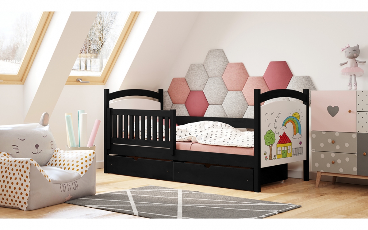 Łóżko dziecięce z tablicą suchościeralną Amely - czarny, 80x180 czarne łóżeczko z białym wezgłowiem 