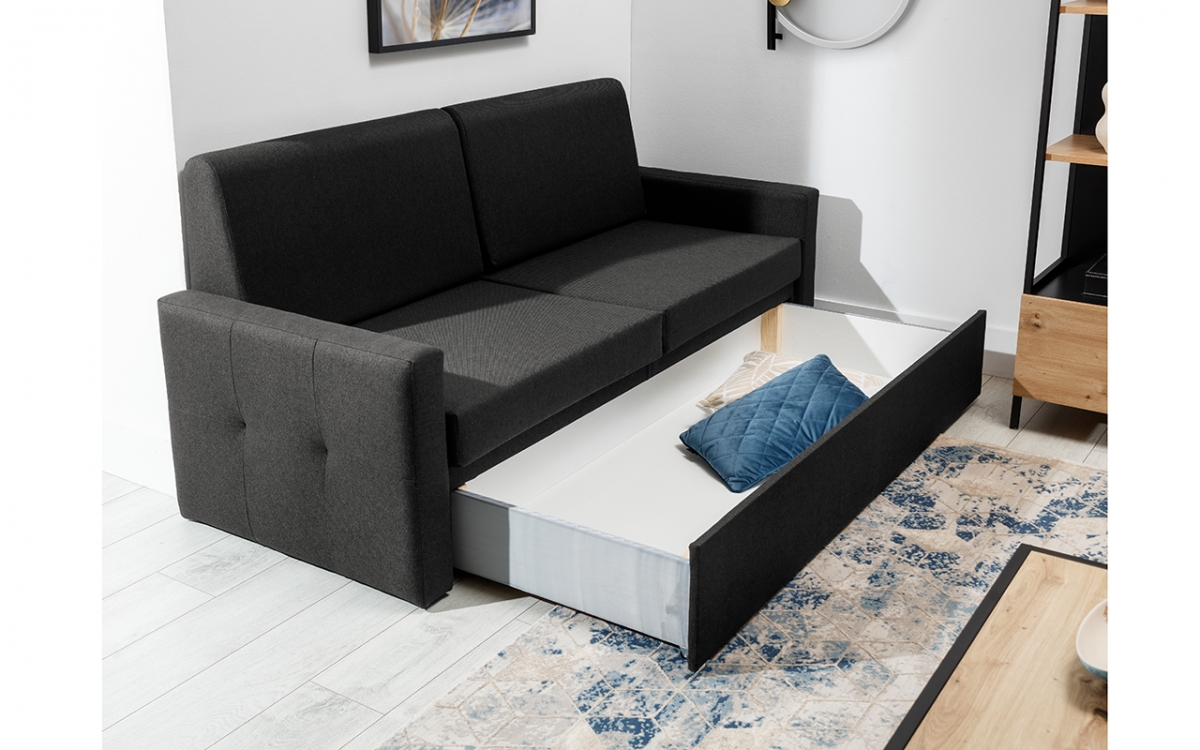 Sofa do półkotapczanu Elegantia 160 cm - Austin 21 Black Czarna sofa Elegantia z praktycznąszufladą