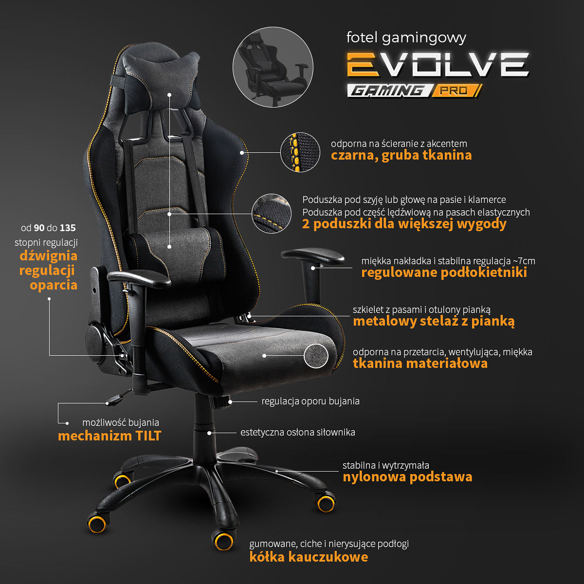 EVOLVE PRO Gaming fotel gabinetowy ciemnoszary mechanizm TILT pomarańczowy evolve pro gaming fotel gabinetowy ciemnoszary mechanizm tilt pomarańczowy