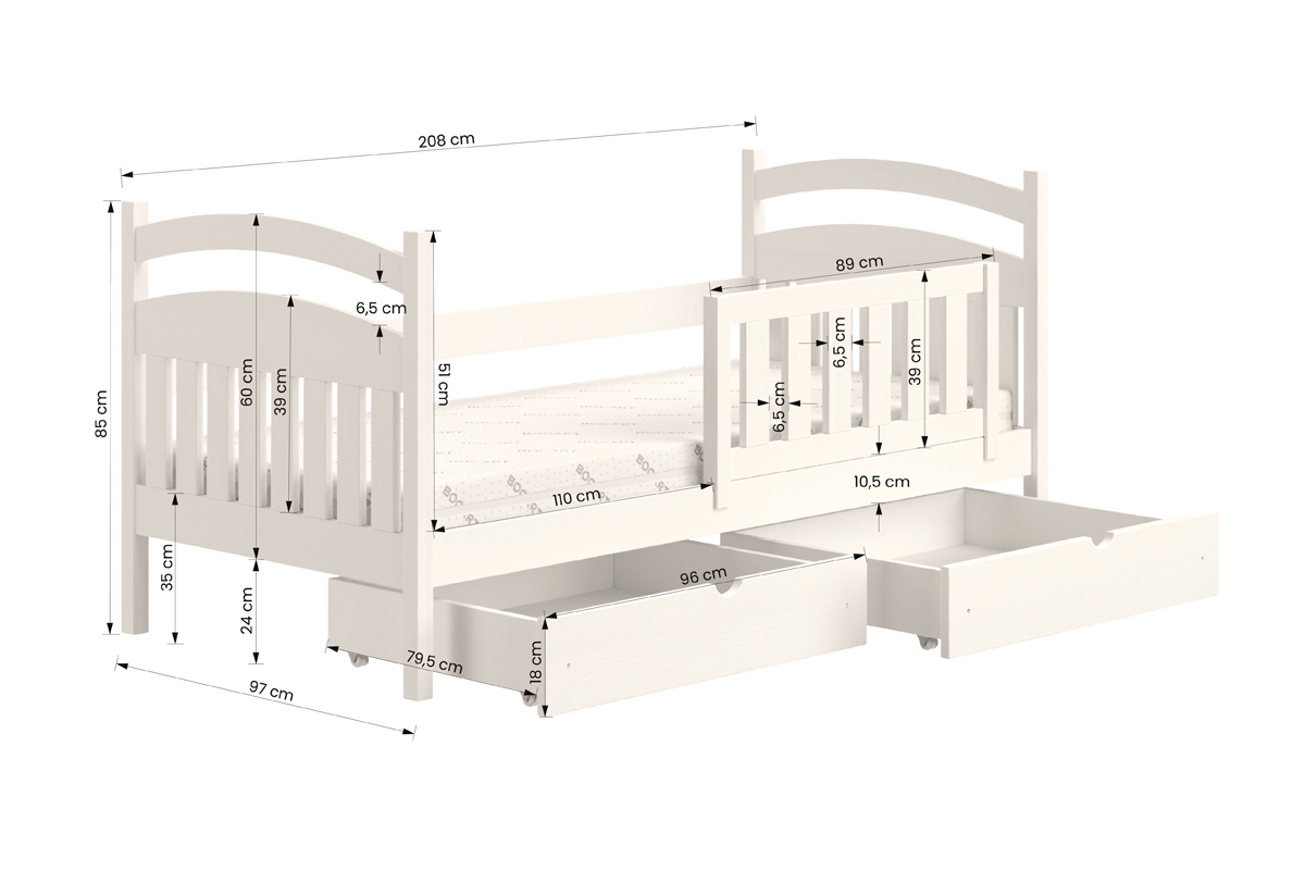 Łóżko dziecięce drewniane Amely - czarny, 90x200 Łóżko dziecięce drewniane Amely - Wymiary