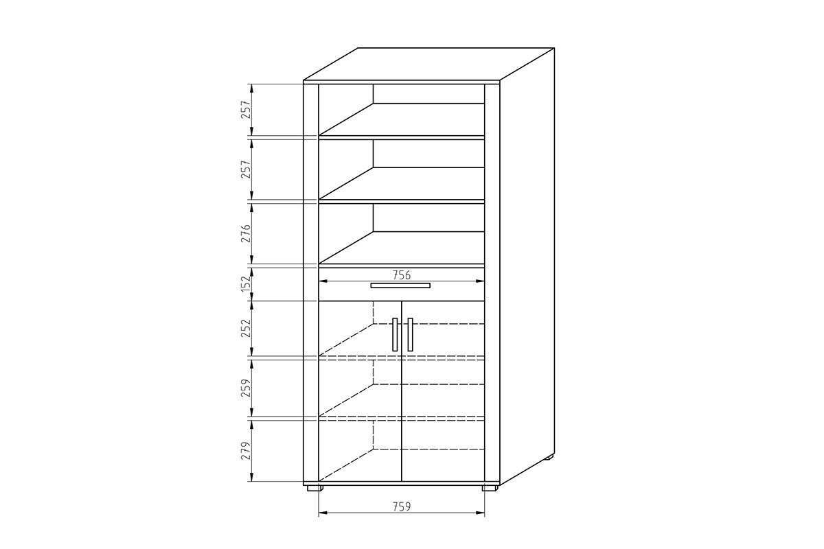 Regał dwudrzwiowy z szufladą Laura LA-R 6 Regał dwudrzwiowy z szufladą Laura LA-R 6 Wymiary