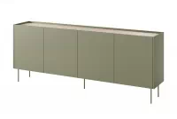 Komoda Desin 220 cm z 2 ukrytymi szufladami i metalowymi nogami - oliwka / dąb nagano zielona komoda czterodrzwiowa