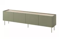 Szafka RTV Desin z ukrytą szufladą na metalowych nogach 220 cm - oliwka / dąb nagano zielona szafka rtv czterodrzwiowa